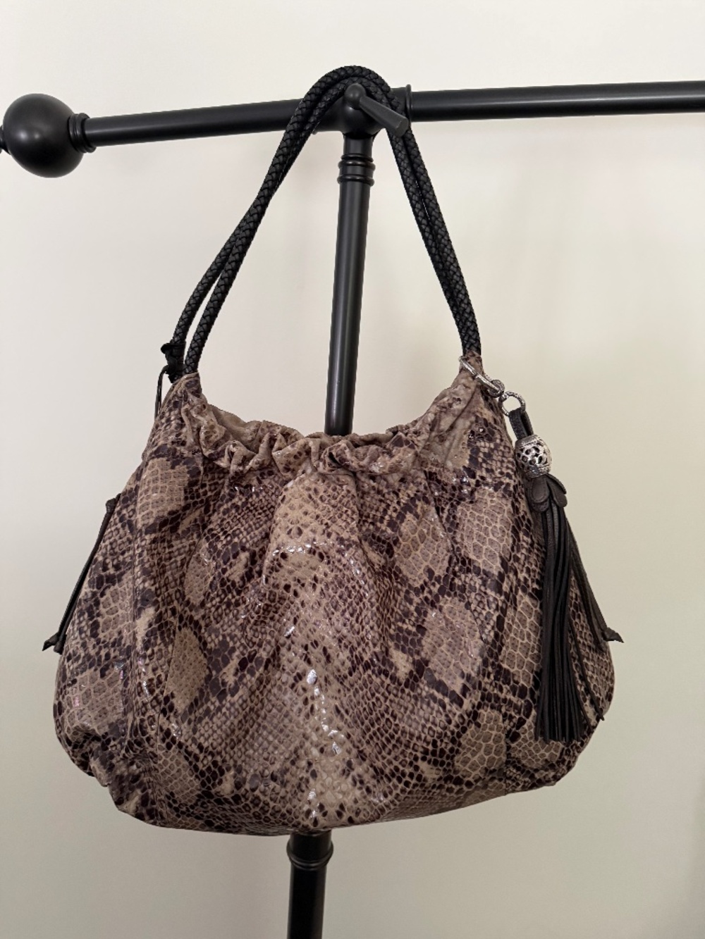Brighton Nolita Brown and Tan Snake-Print Slouchy Hobo Shoulder Bag with Tassel